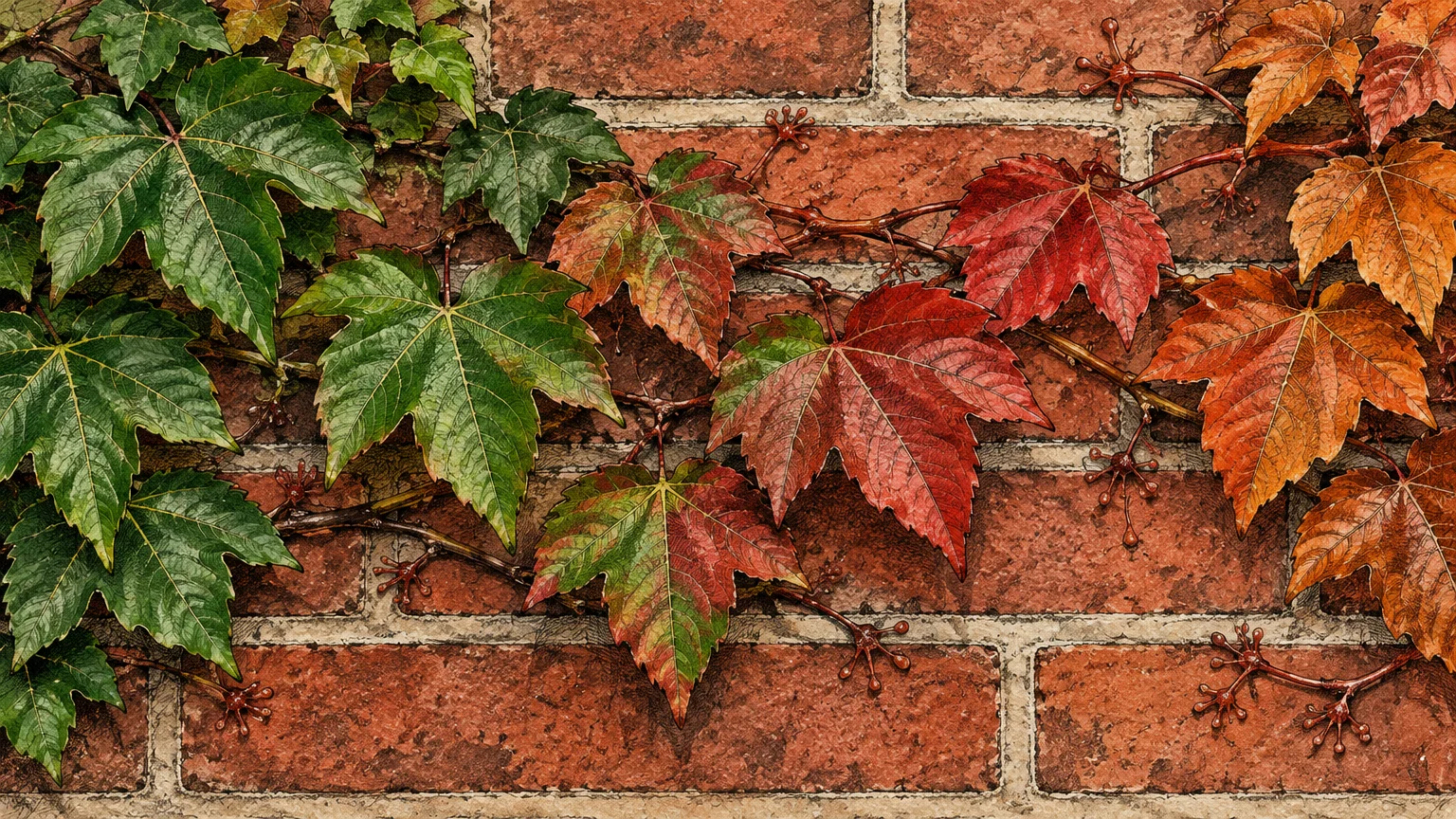 Illustration of an ivy vine with green, red, and orange leaves clinging to a red brick wall with branched tendrils.