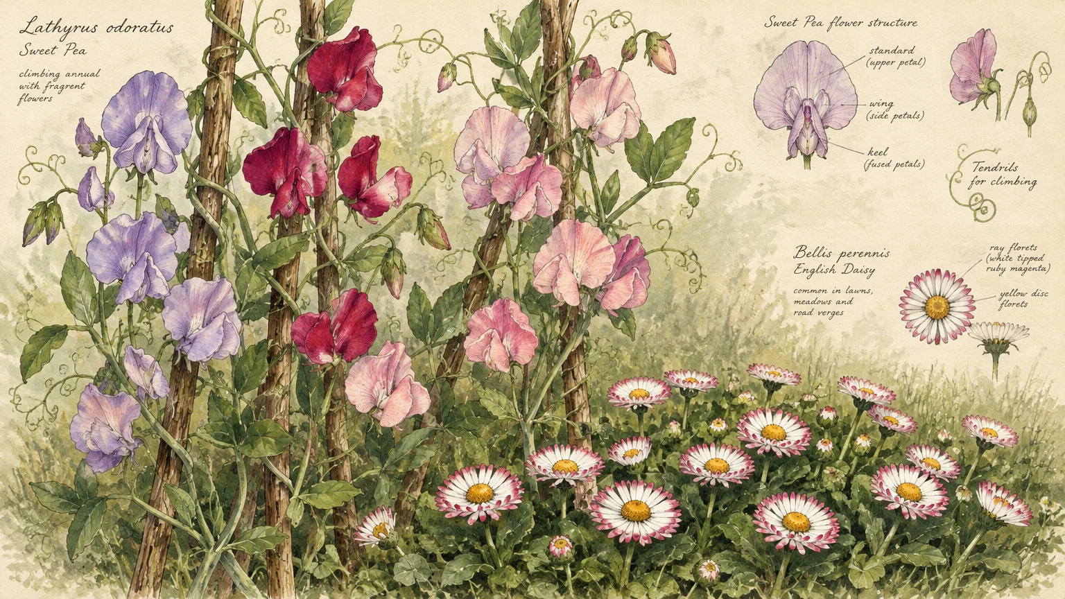 Botanical illustration of sweet pea vines climbing wooden stakes above blooming English daisies, with anatomical flower diagrams.