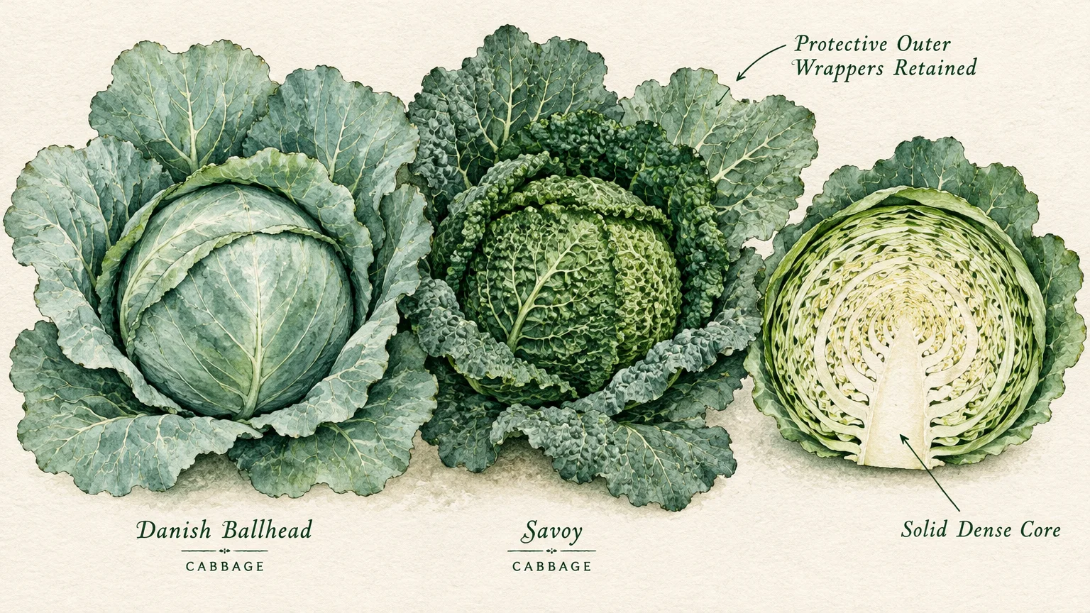 Watercolor illustration showing Danish Ballhead cabbage, Savoy cabbage, and a cross section revealing a dense core.