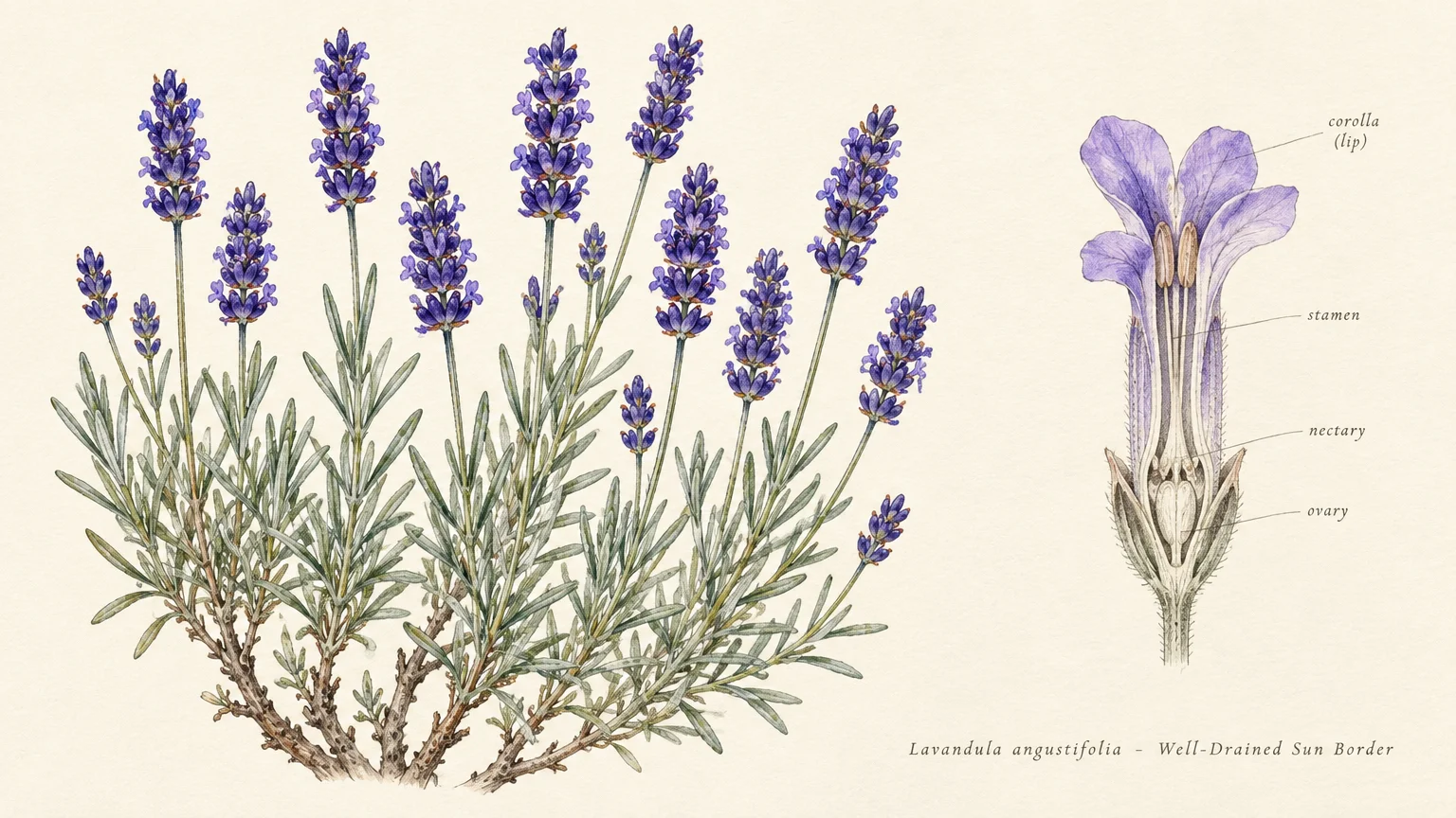 Botanical illustration of a flowering English lavender plant alongside a labeled cross-section of an individual purple flower.