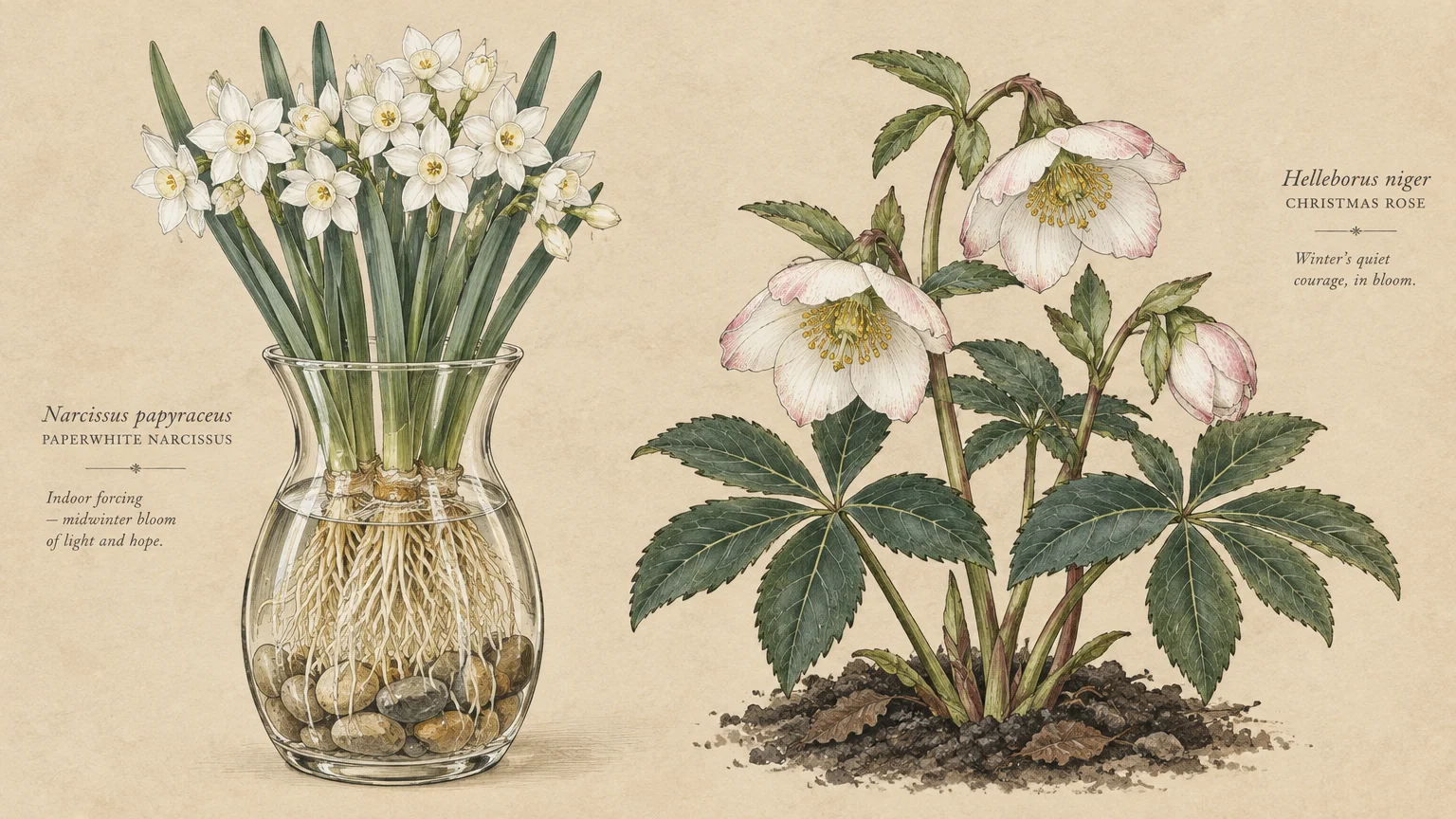 Botanical illustration of paperwhite narcissus growing in a water vase and a blooming Christmas hellebore in soil.