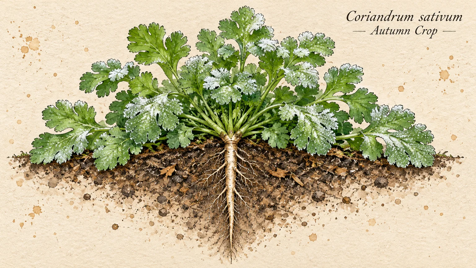 Cross-section botanical illustration of a frosted cilantro plant showing green leaves above ground and a deep taproot below.