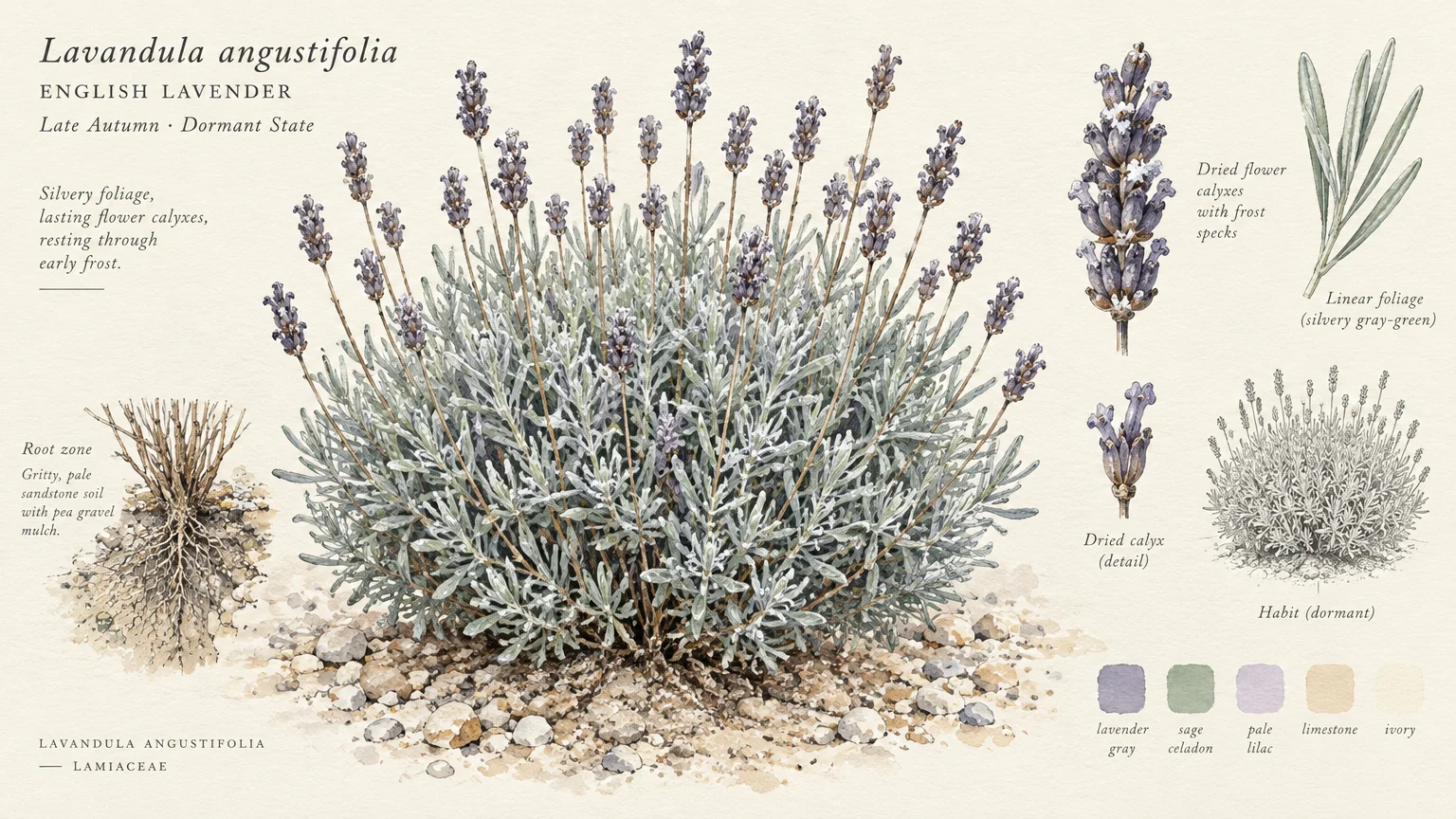 Botanical illustration of English lavender in gravel soil, featuring roots, dried flower calyxes, and foliage details.