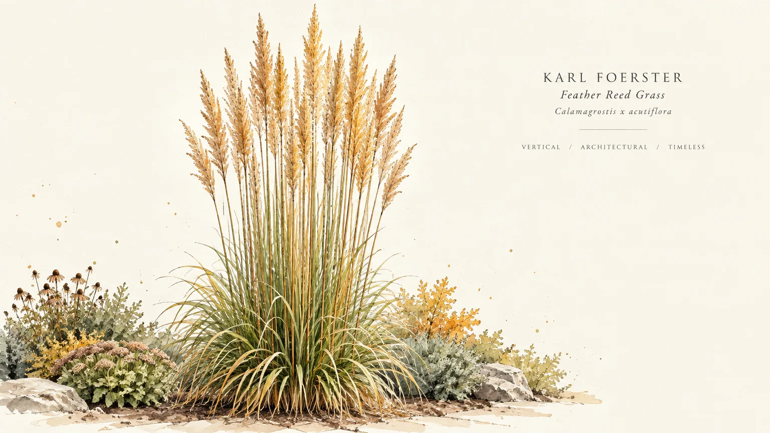 Botanical watercolor illustration of Karl Foerster feather reed grass with tall golden plumes beside low garden plants.