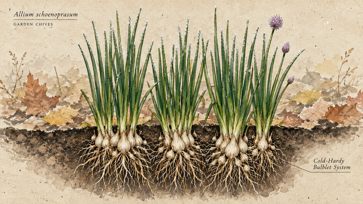 Botanical illustration showing chive plants with green spears, purple flowers, and underground root bulb systems in soil.