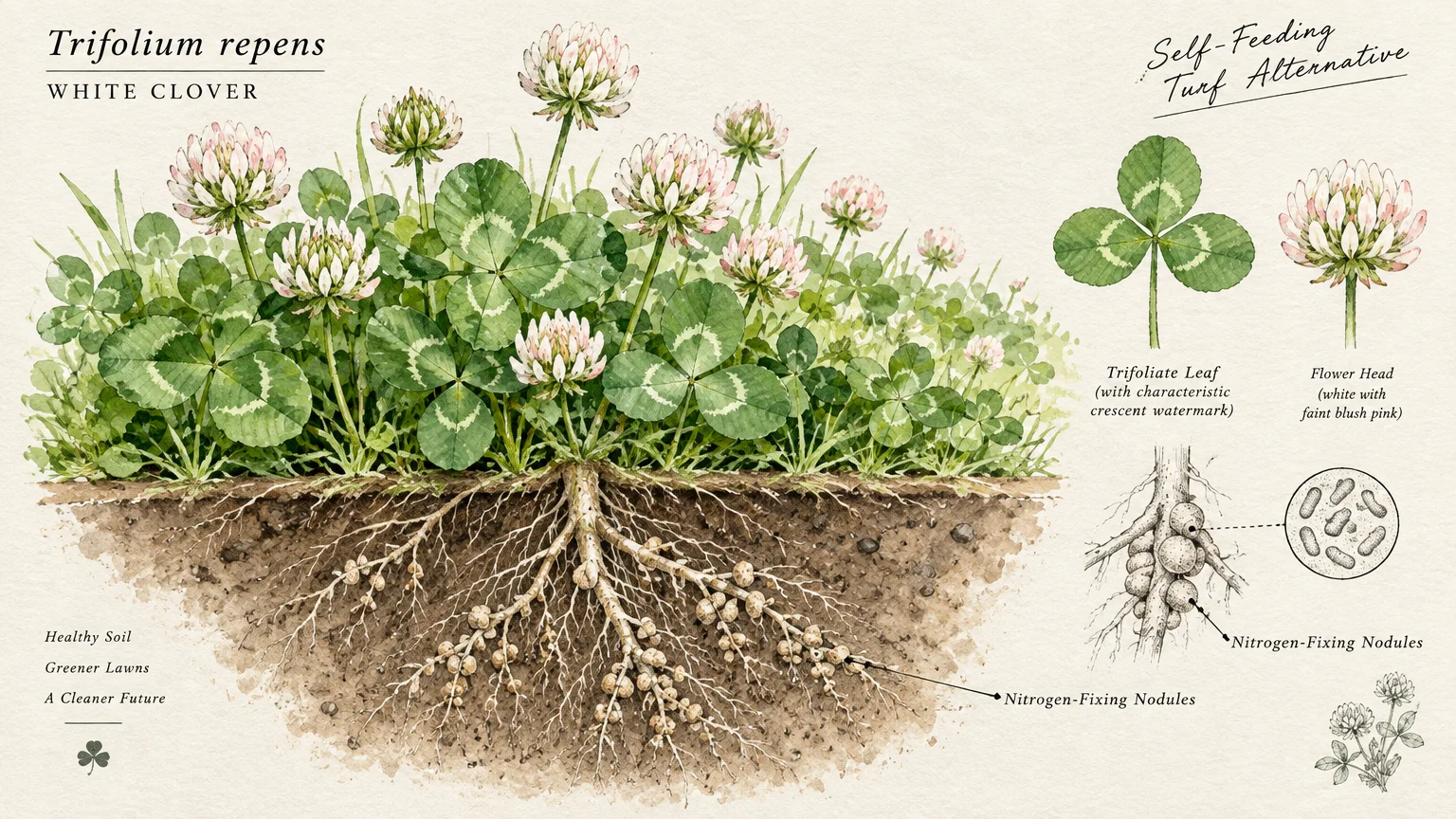 Botanical watercolor illustration of white clover foliage, blossoms, and underground root system showing nitrogen-fixing nodules.