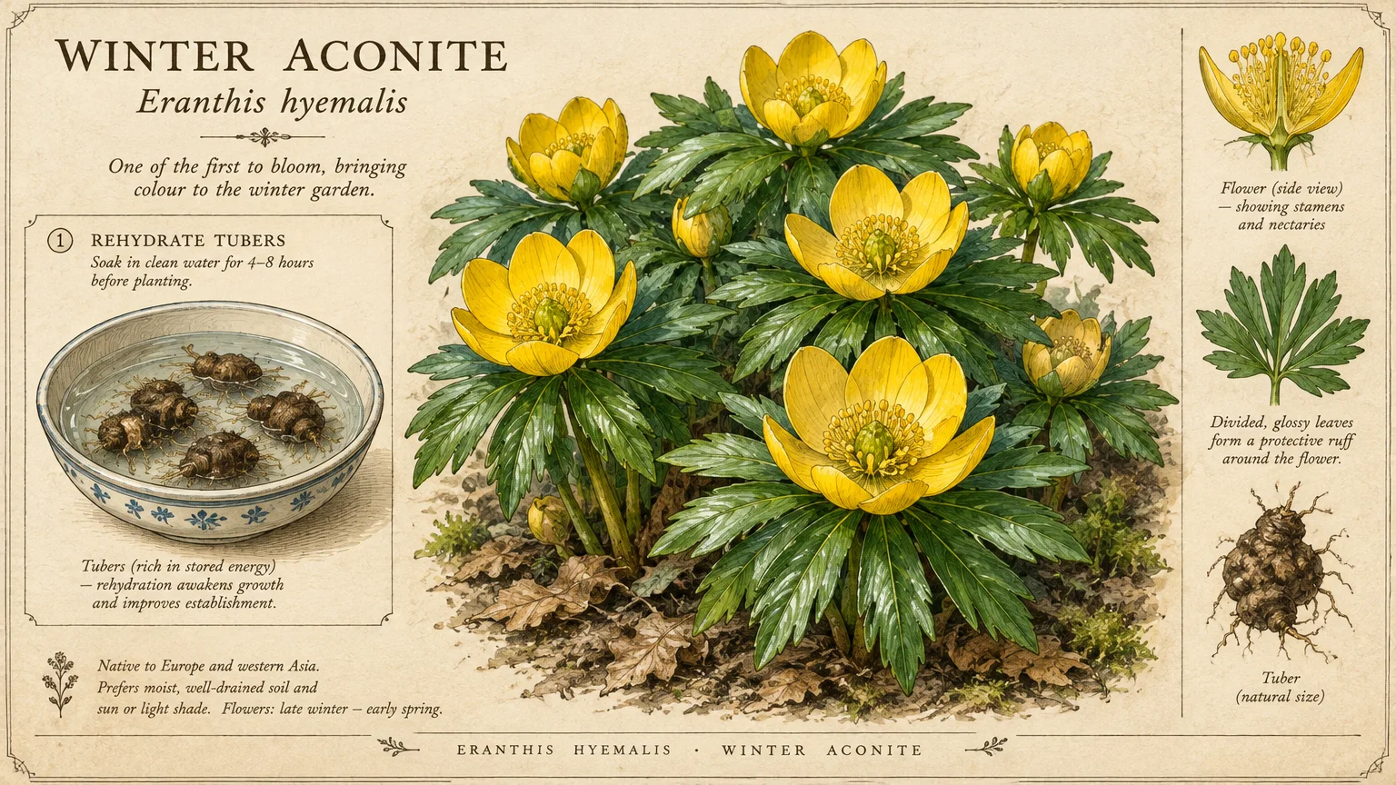Botanical illustration of yellow winter aconite flowers, plant diagrams, and brown tubers soaking in a bowl of water.