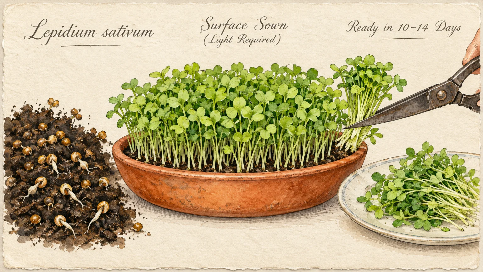 Illustration of garden cress sprouts in a terracotta dish being harvested with shears beside sprouted seeds in soil.