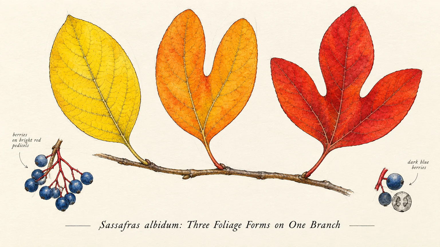 Botanical illustration of a twig with yellow oval, orange mitten-shaped, and red three-lobed sassafras leaves plus dark berries.