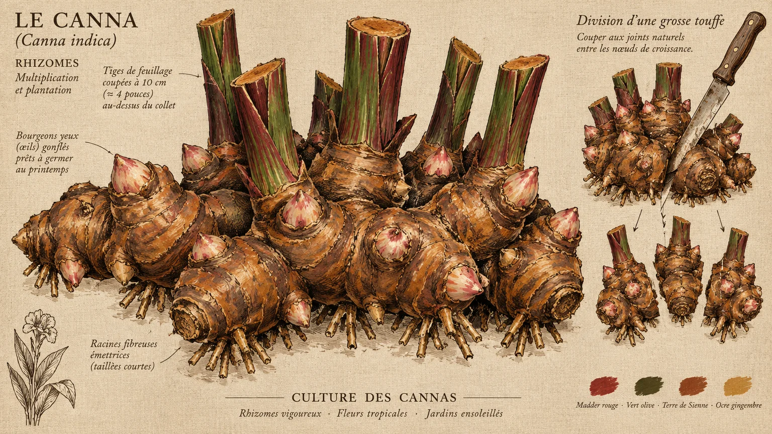 Botanical illustration of canna lily rhizomes with cut stems, labeled buds, and instructions for dividing with a knife.