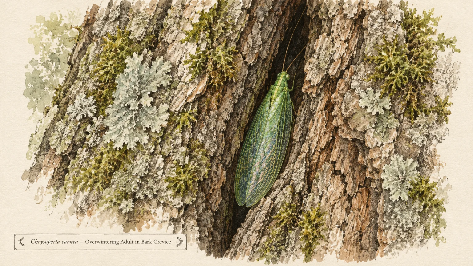 Botanical illustration of a green lacewing resting inside a deep crevice of mossy tree bark.