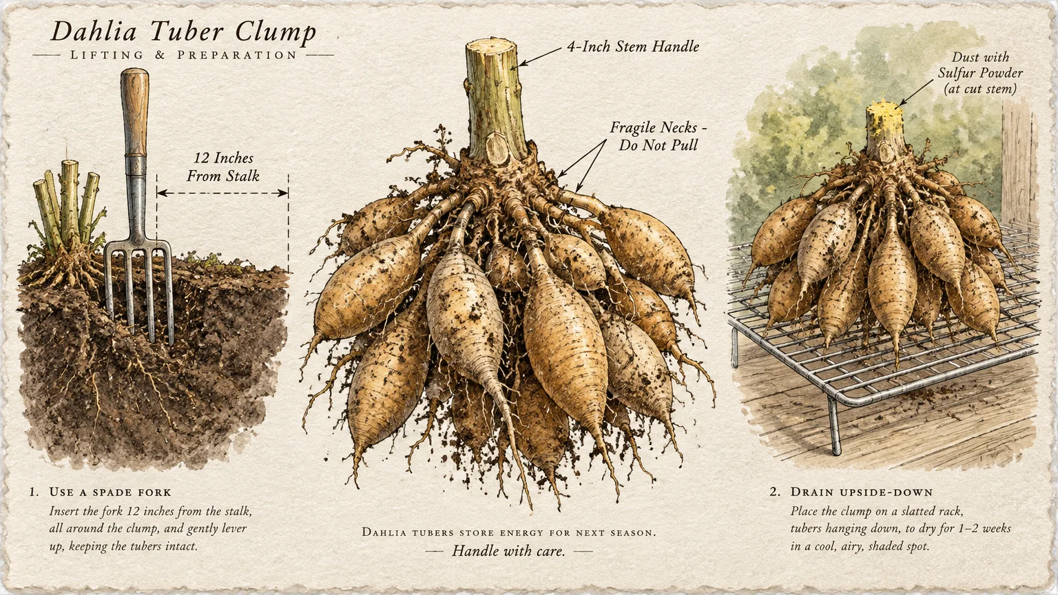 Three-part guide detailing how to lift, handle, and drain a dahlia tuber clump with garden tools and a drying rack.