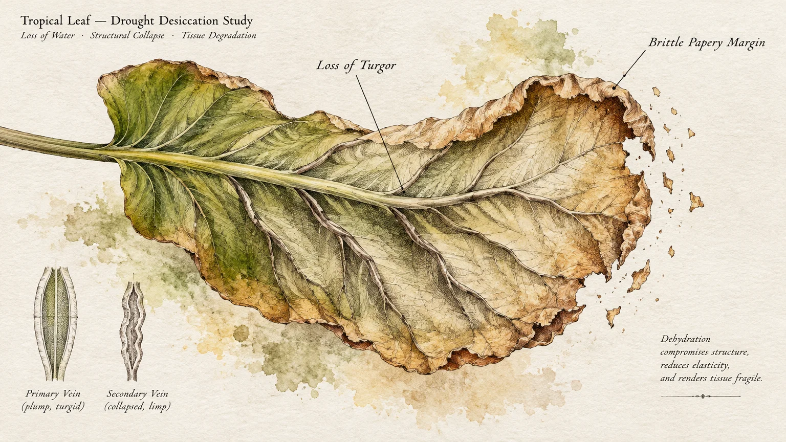 Botanical diagram of a desiccated leaf with green center, brown crumbling edges, and vein cross-sections.