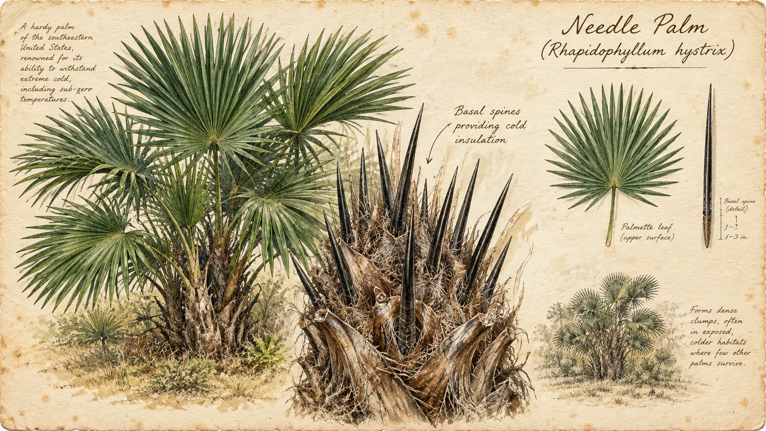 Botanical illustration of a needle palm, detailing its fan fronds, clumping habit, and sharp, dark basal spines.