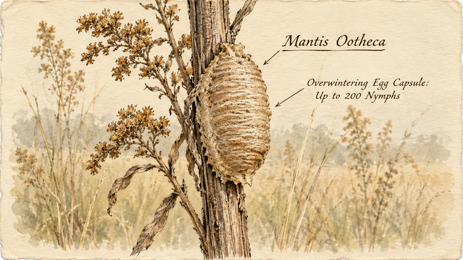 Botanical illustration of a textured, tan praying mantis ootheca attached to a woody plant stalk in an autumn field.