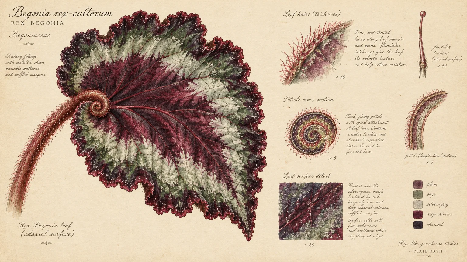 Botanical illustration plate of a Rex Begonia leaf with microscopic diagrams of trichomes, petiole cross sections, and colors.