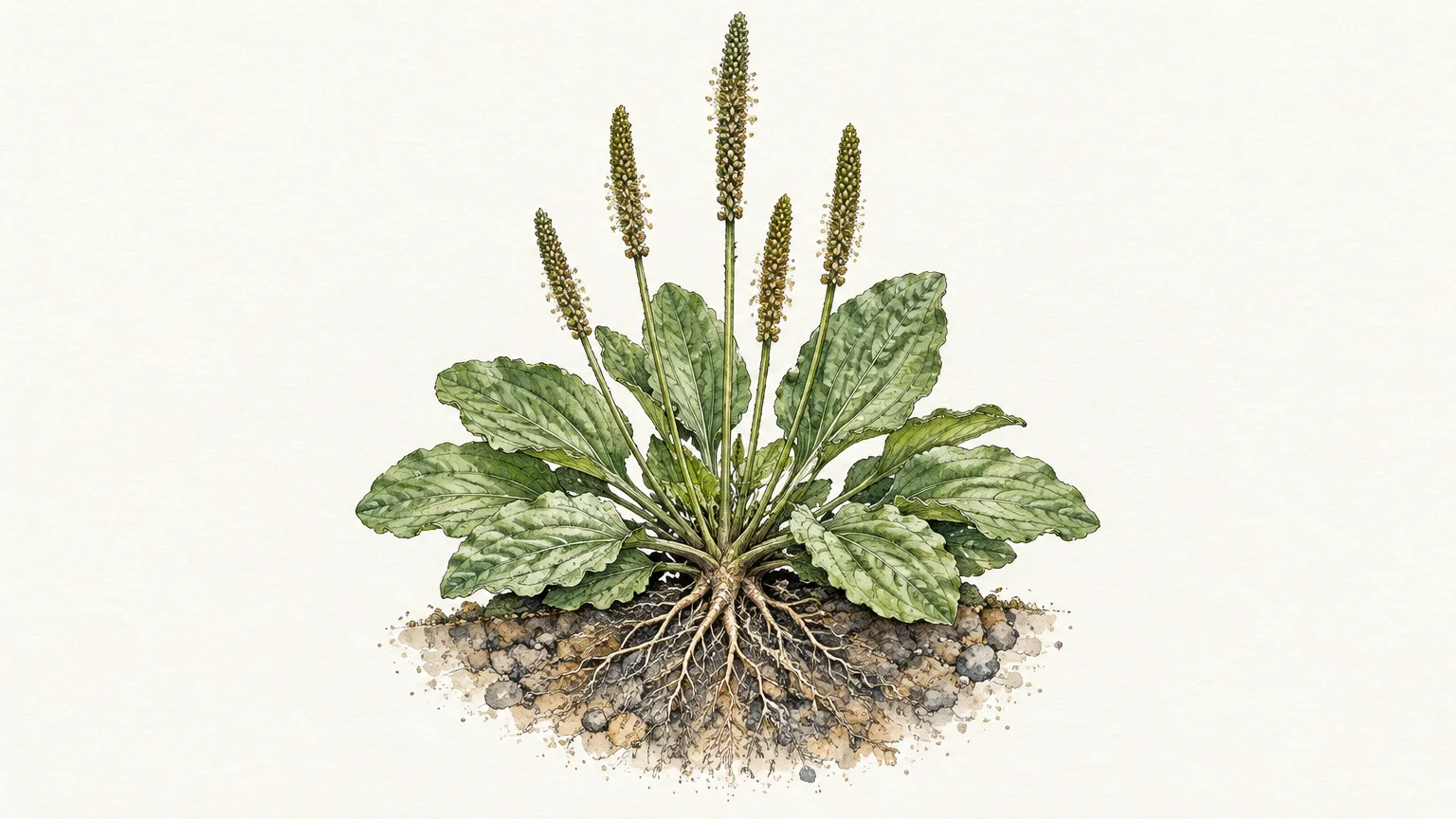 Botanical watercolor illustration of a broadleaf plantain plant with green leaves, flower spikes, and exposed roots.