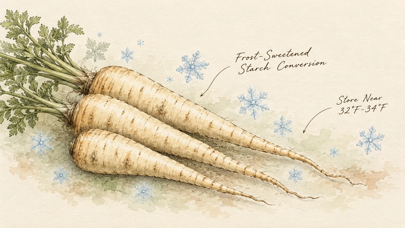 Watercolor illustration of three freshly harvested parsnips with green leaves, surrounded by pale blue snowflakes.