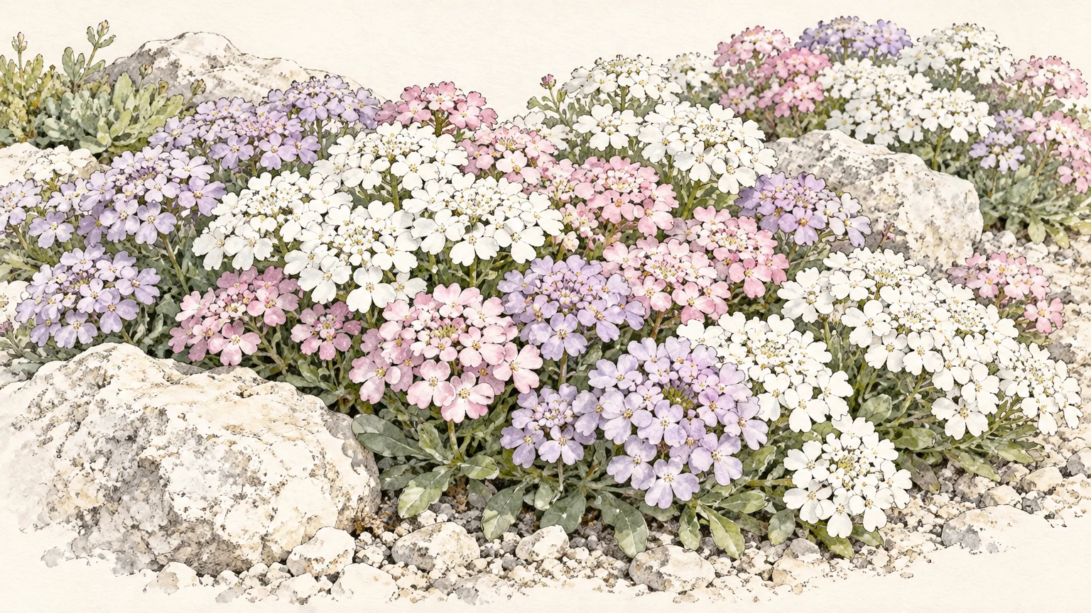 Illustration of mounded white, lilac, and pink candytuft flowers growing among pale rocks and gravel.
