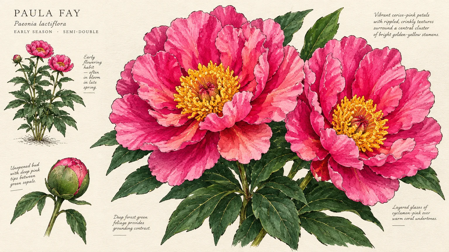 Botanical illustration of Paula Fay peonies showing vibrant pink flowers with yellow stamens, green foliage, and an unopened bud.