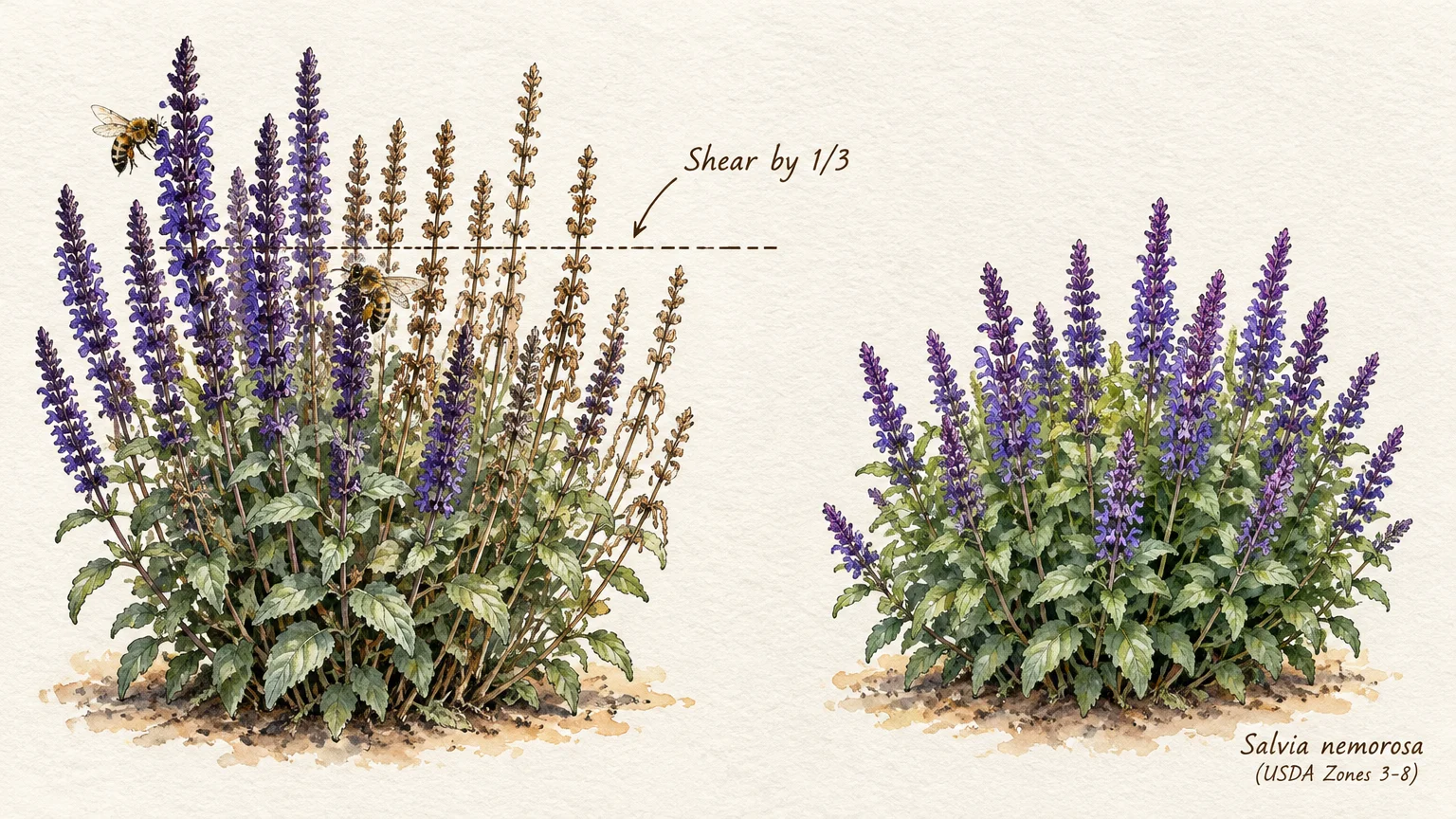 Botanical illustration showing Salvia nemorosa before and after pruning, with a guide line to shear by one third.