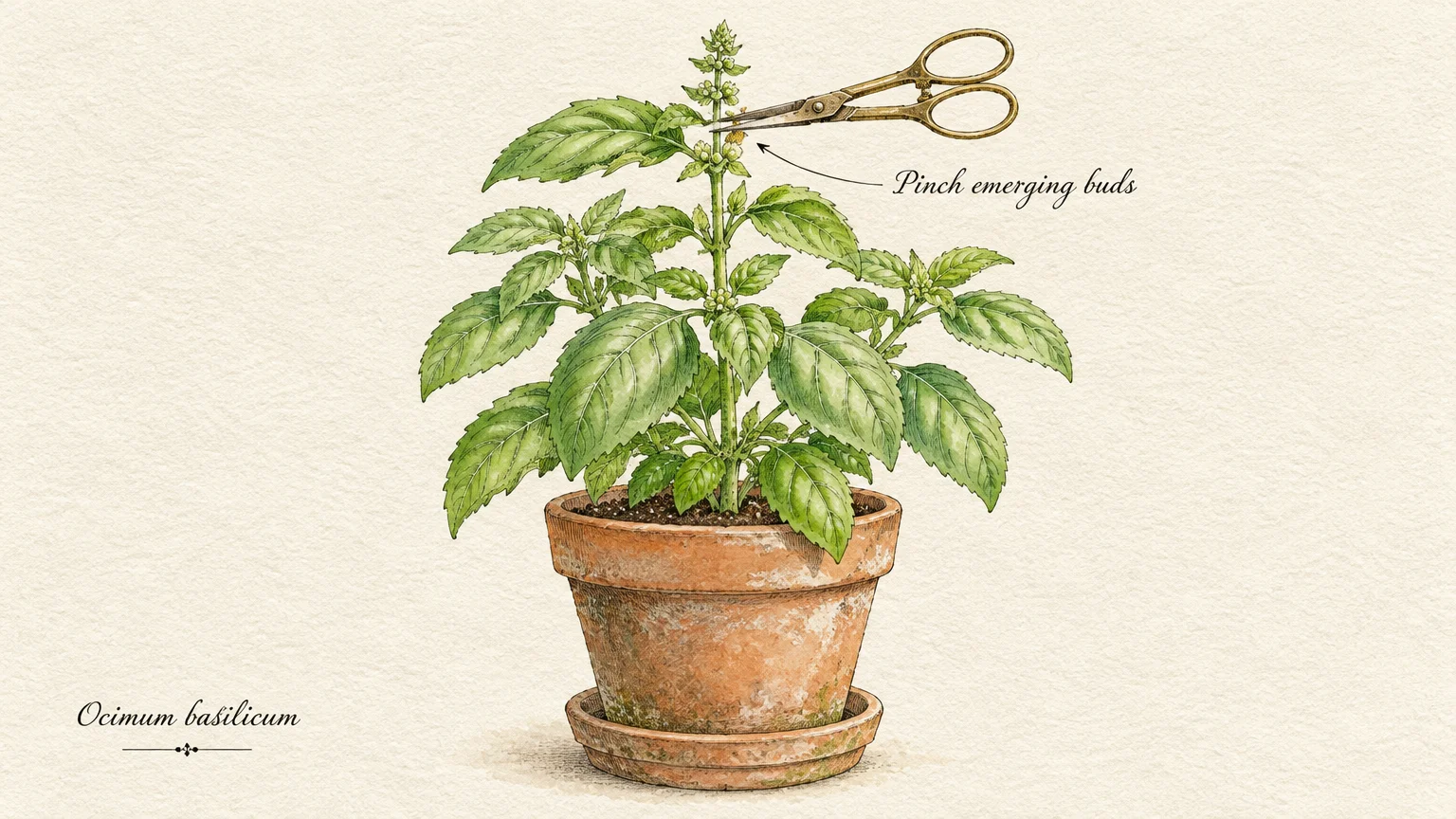 Botanical illustration of a potted sweet basil plant with scissors trimming emerging buds at the top stem.