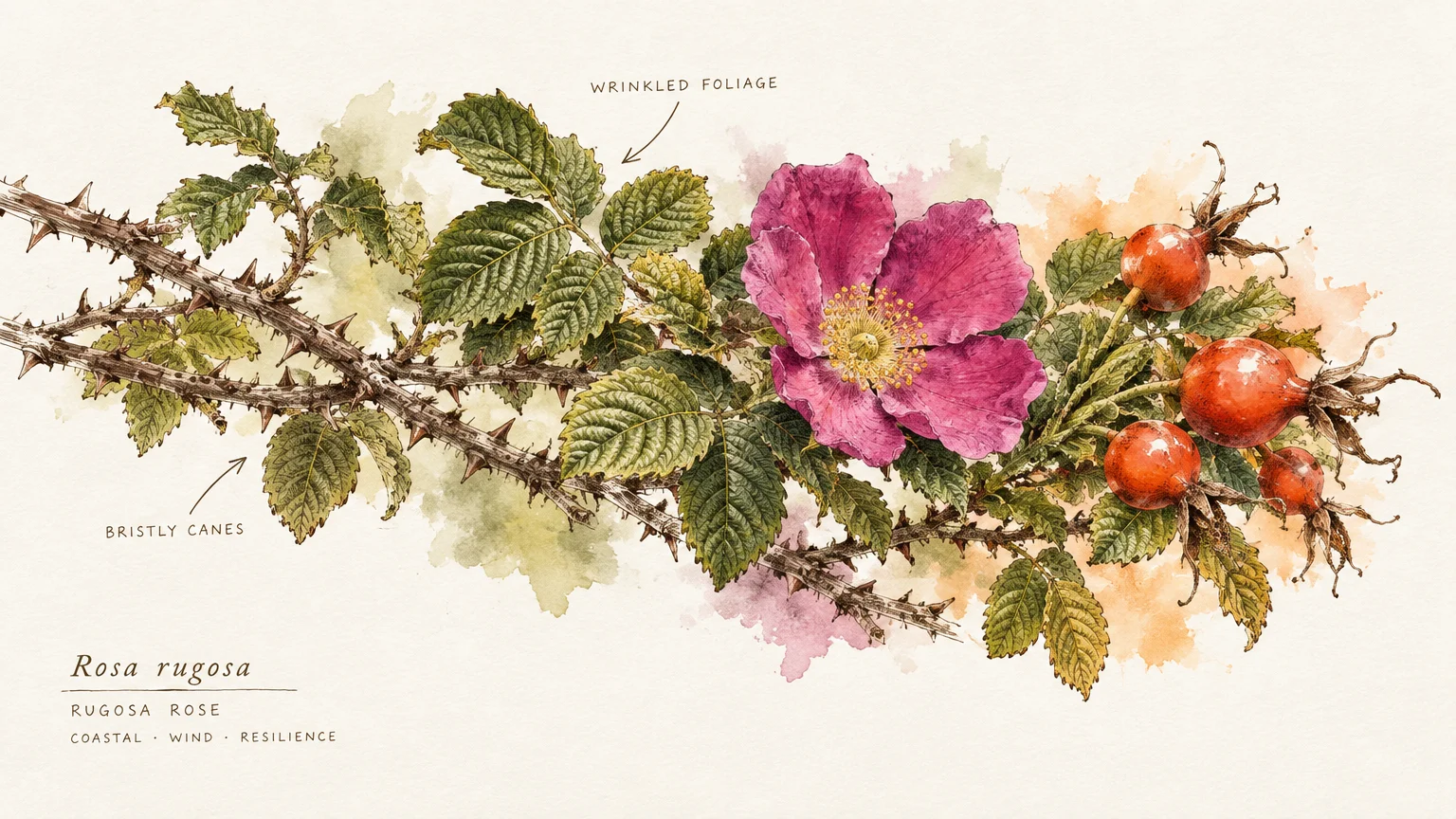 Botanical watercolor illustration of a Rugosa rose branch with thorny canes, textured leaves, a pink flower, and hips.