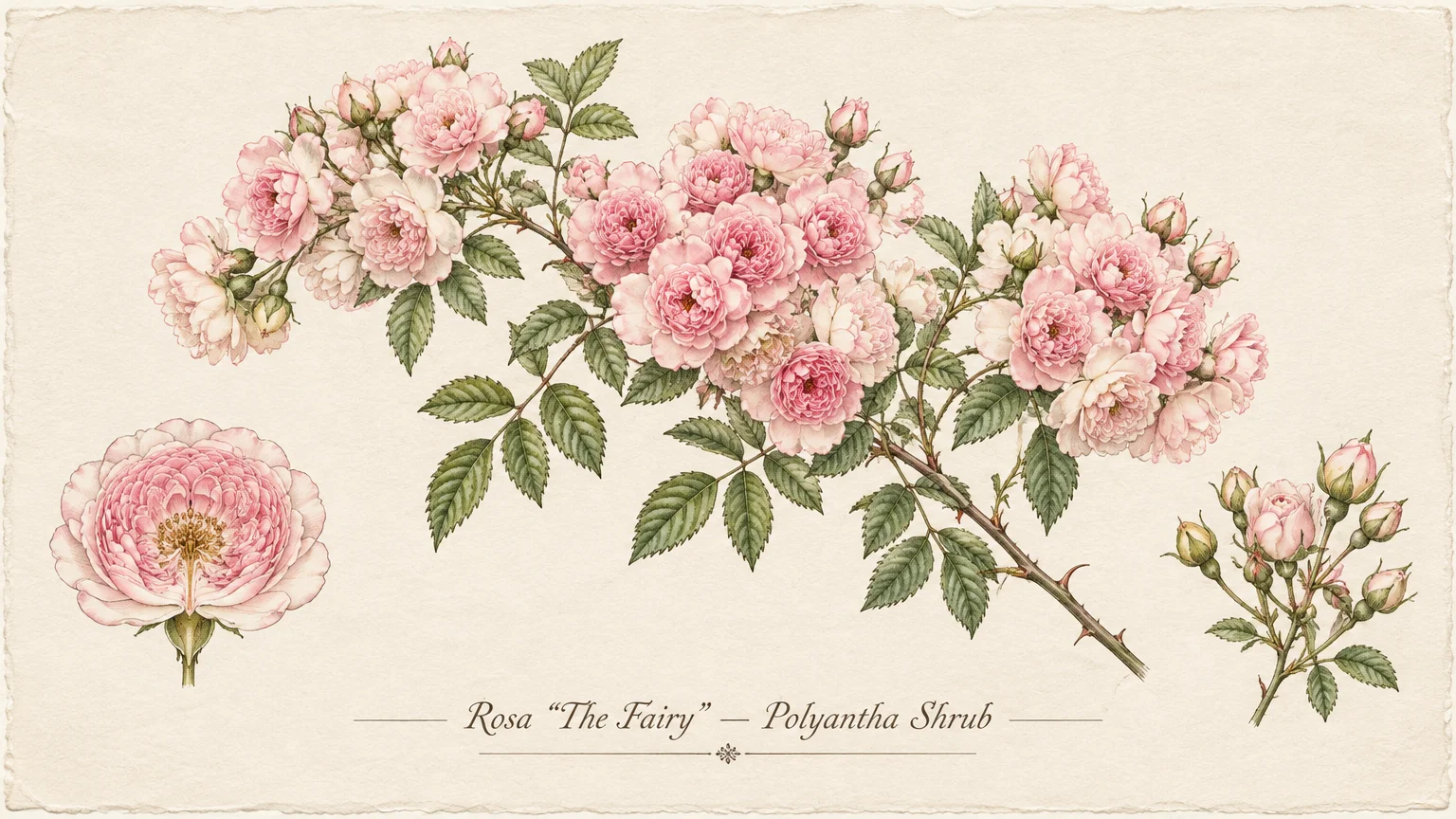 Botanical illustration of pink Rosa The Fairy flowers on an arching thorny stem, with an open bloom and buds beside it.