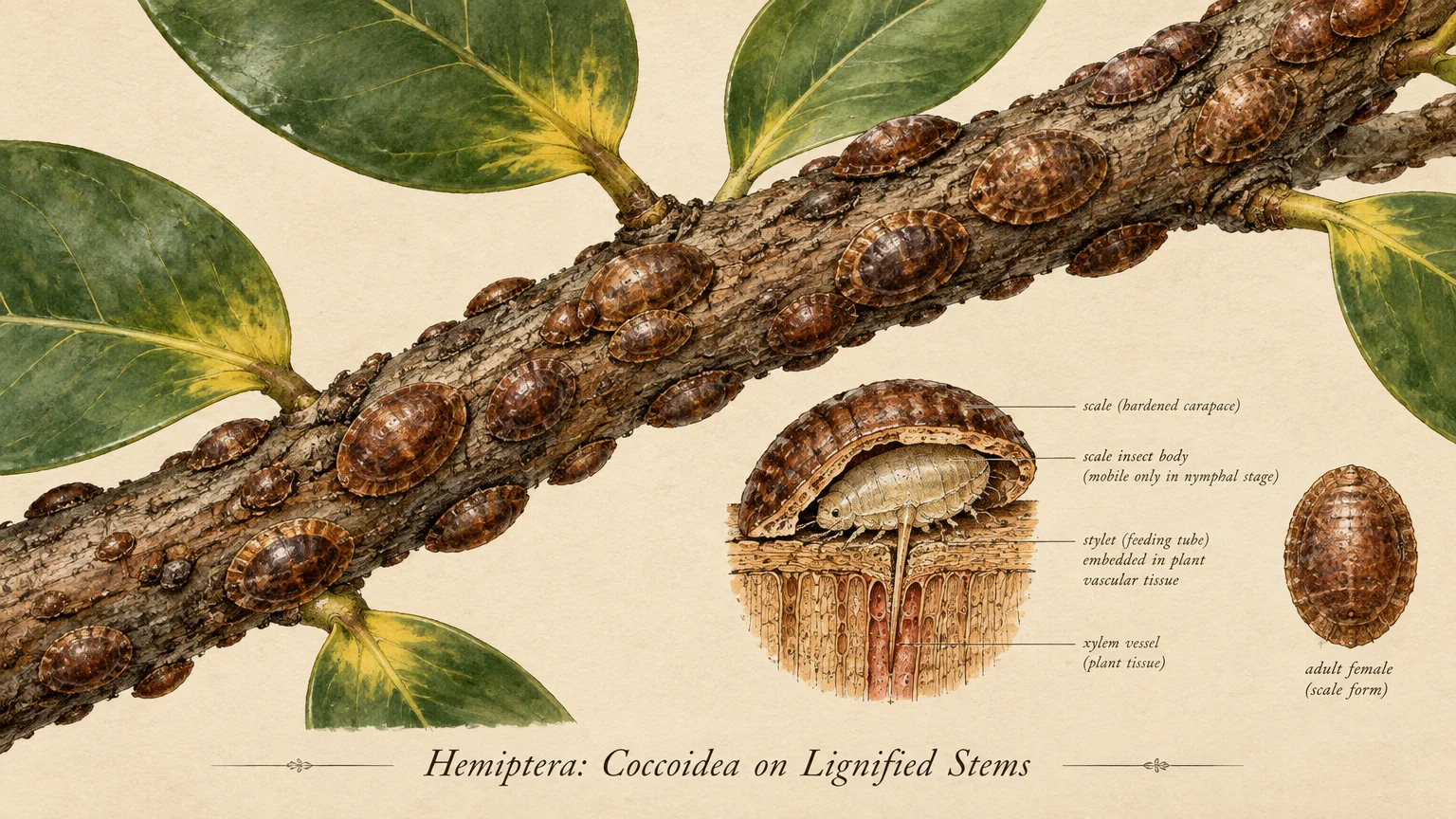 Botanical illustration of scale insects encrusting a woody plant branch, with an anatomical cutaway of an insect feeding.