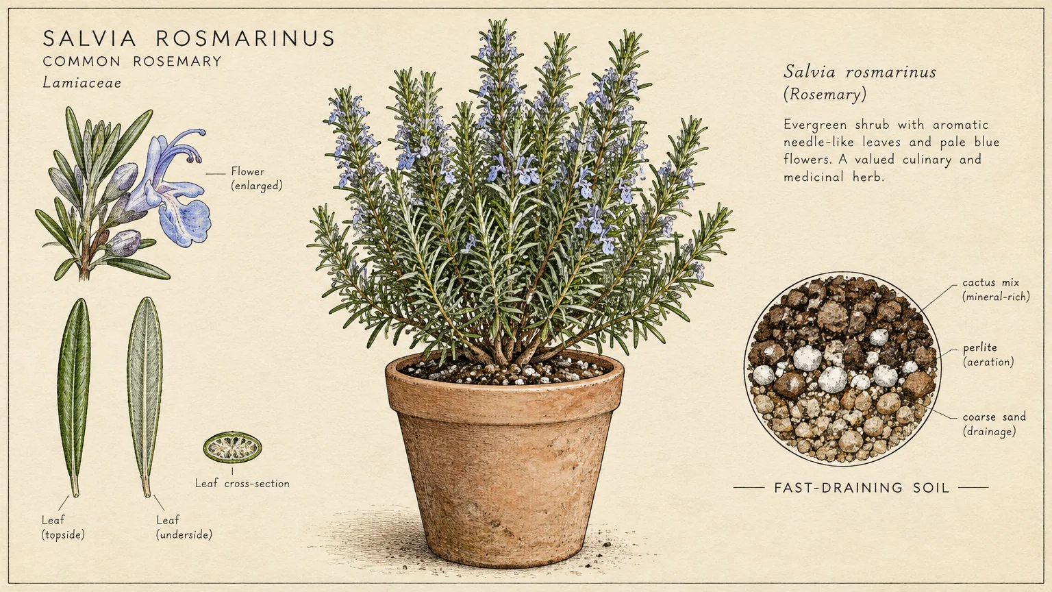 Botanical illustration of a potted rosemary bush flanked by diagrams of its flowers, leaves, and fast-draining soil mix.