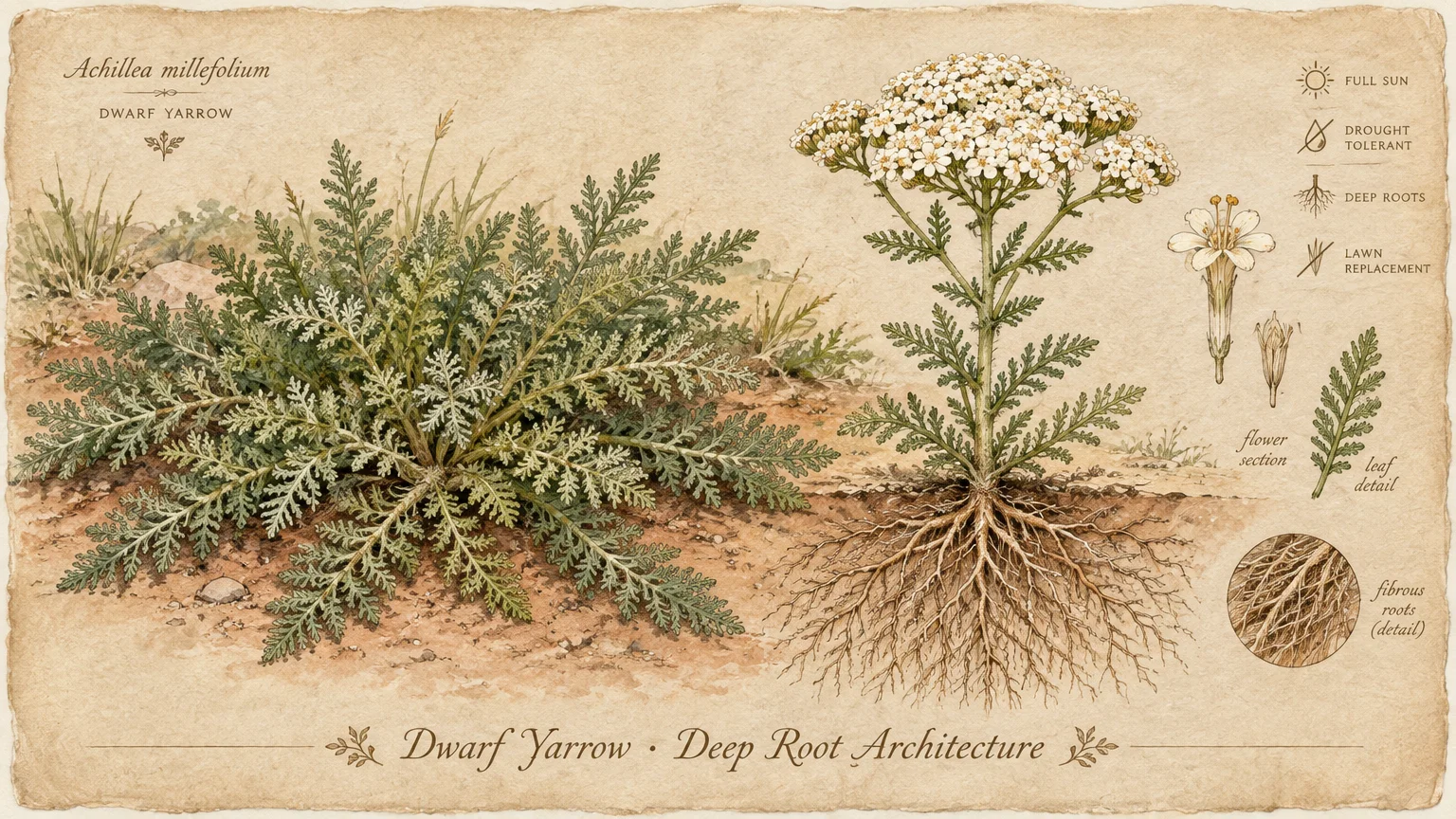 Botanical illustration of dwarf yarrow showing a spreading plant, flowering stem, root system, and anatomical details.