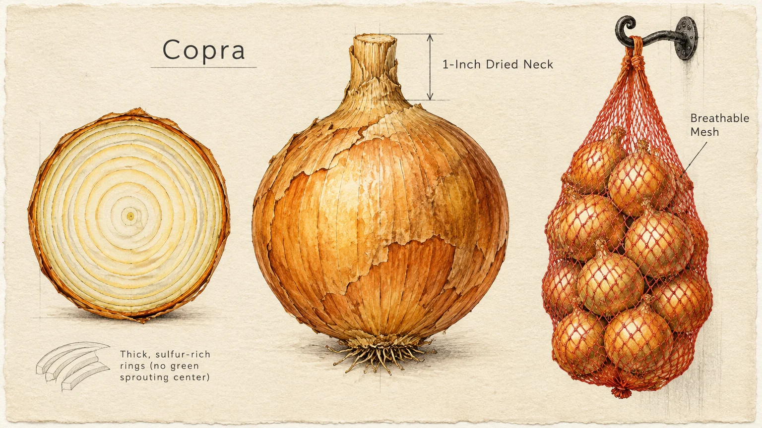 Diagram showing a Copra onion cross-section, a whole cured bulb, and onions hanging in a red mesh bag.