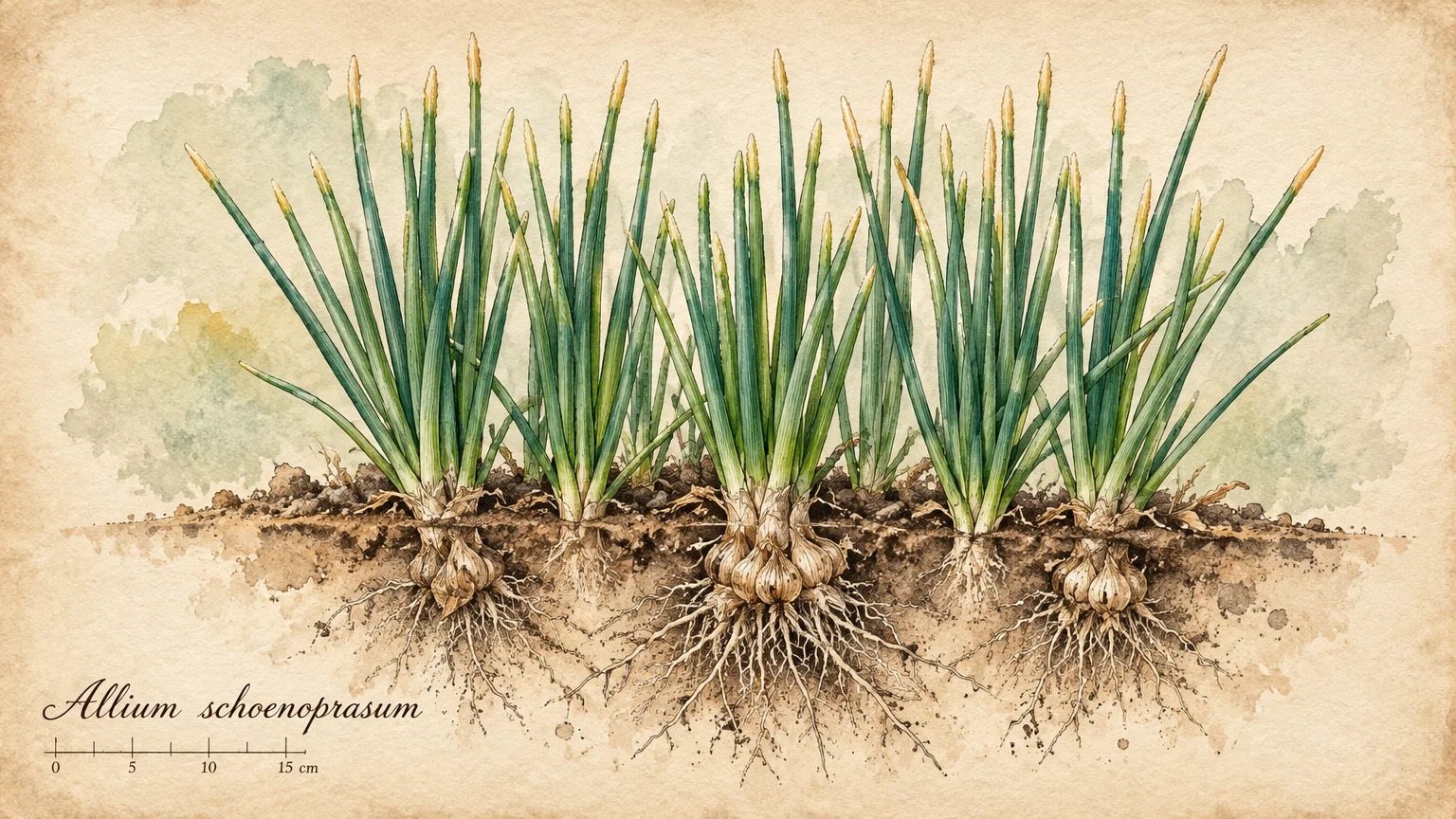 Botanical watercolor cross section of Allium schoenoprasum plants showing green stalks, bulbs, and root systems in soil.