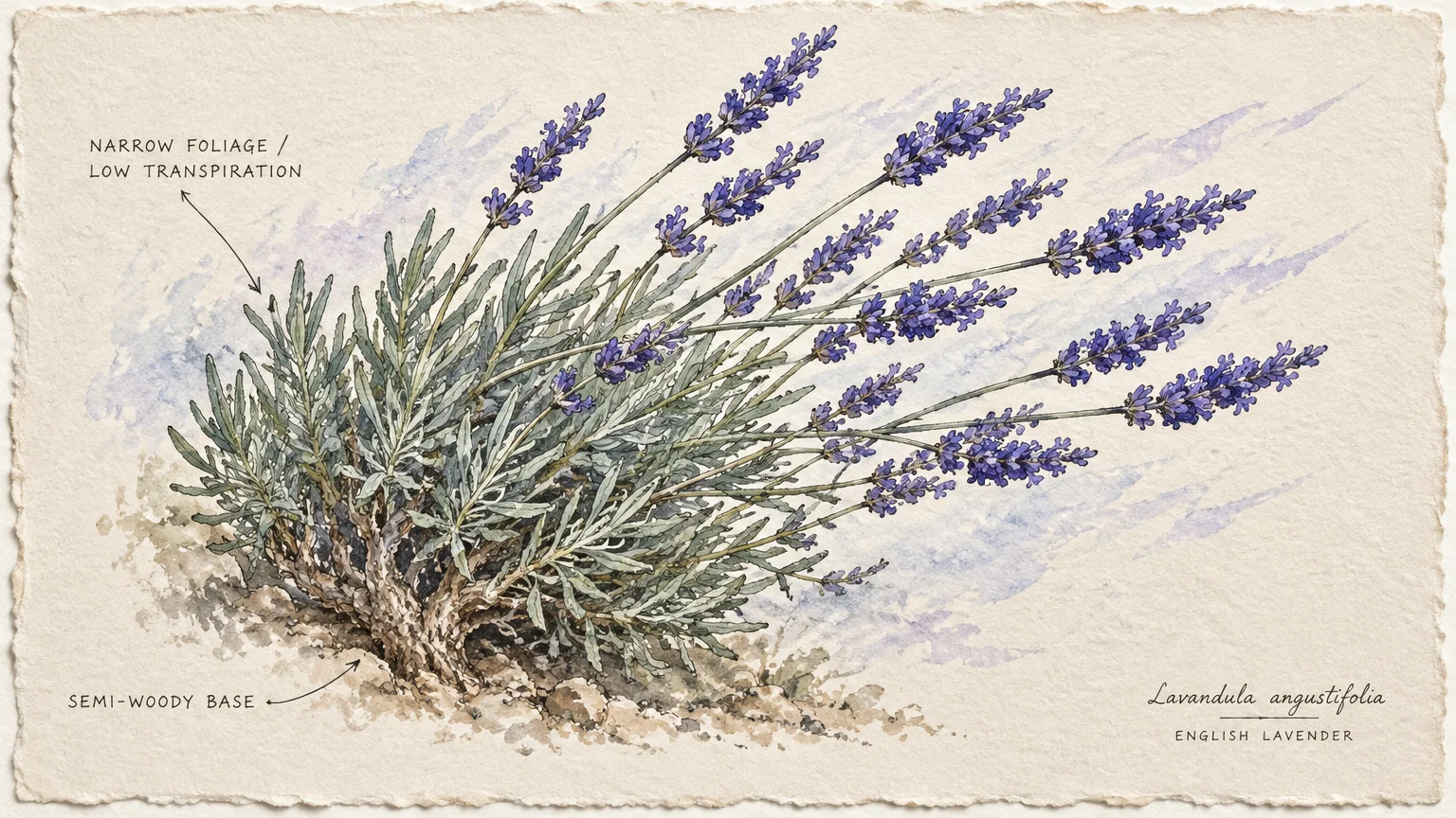 Botanical watercolor illustration of an English lavender bush leaning in the wind, with labeled botanical features.