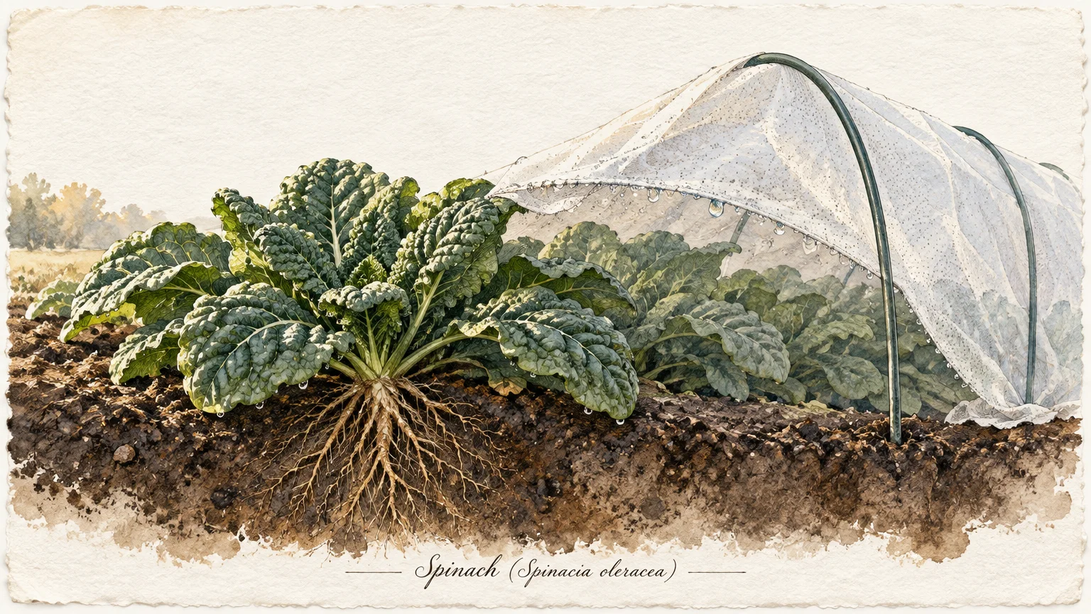 Botanical watercolor illustration of spinach plants with exposed root systems growing beneath a fabric row cover tunnel.