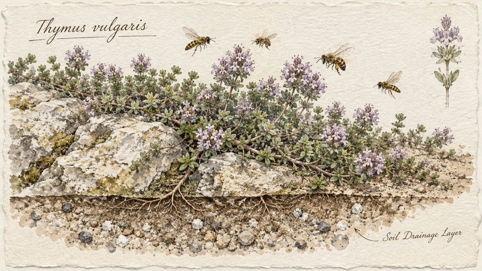 Botanical illustration of flowering Thymus vulgaris growing over rocks and gravelly soil, with bees hovering above.