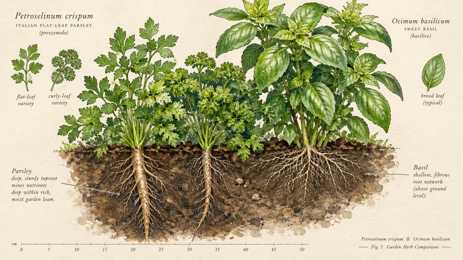 Botanical diagram of parsley and sweet basil plants with cross-section showing taproots and shallow fibrous roots in soil.
