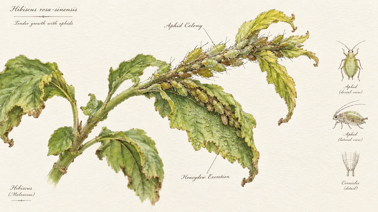 Botanical illustration of an aphid colony clustered on a hibiscus branch, with anatomical callouts and honeydew drops.