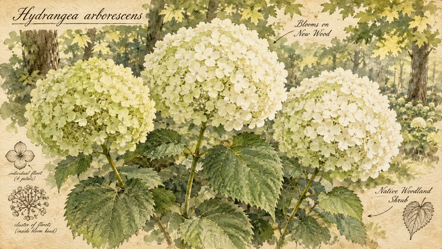 Botanical watercolor illustration of Hydrangea arborescens with three large spherical white flower heads and diagrams.