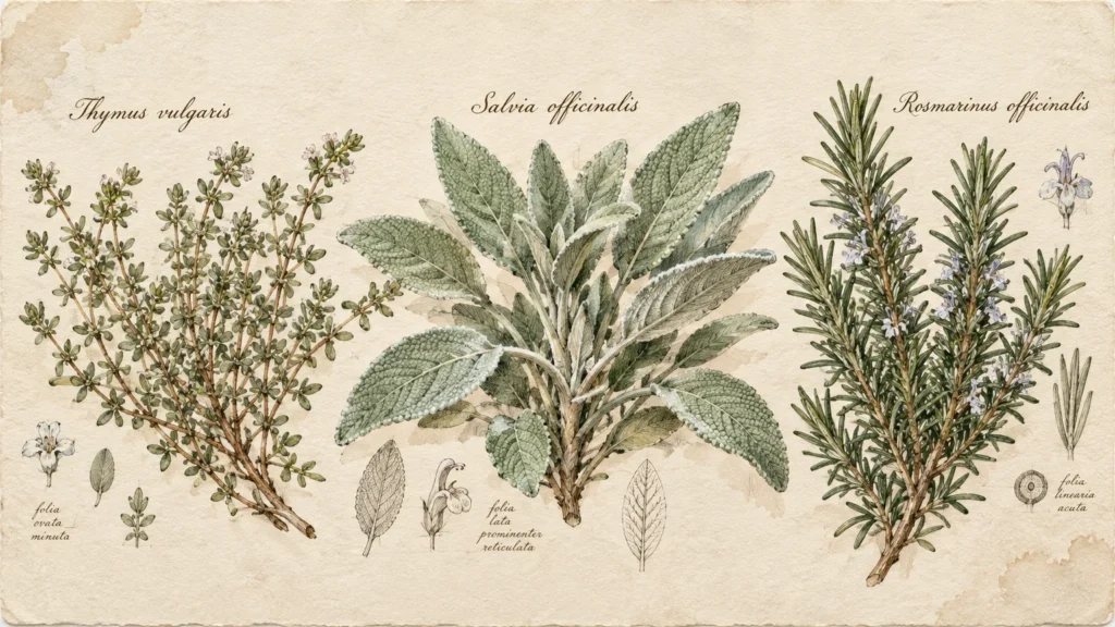 Botanical watercolor and ink illustration of thyme, sage, and rosemary sprigs with botanical labels on aged paper.
