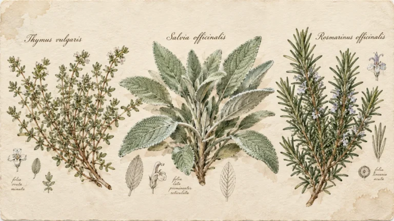 Botanical watercolor and ink illustration of thyme, sage, and rosemary sprigs with botanical labels on aged paper.