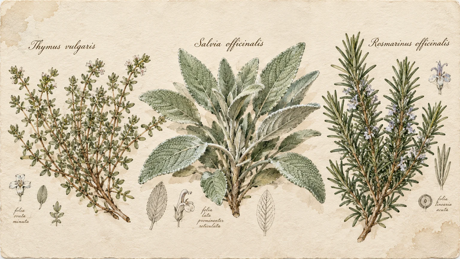 Botanical watercolor and ink illustration of thyme, sage, and rosemary sprigs with botanical labels on aged paper.