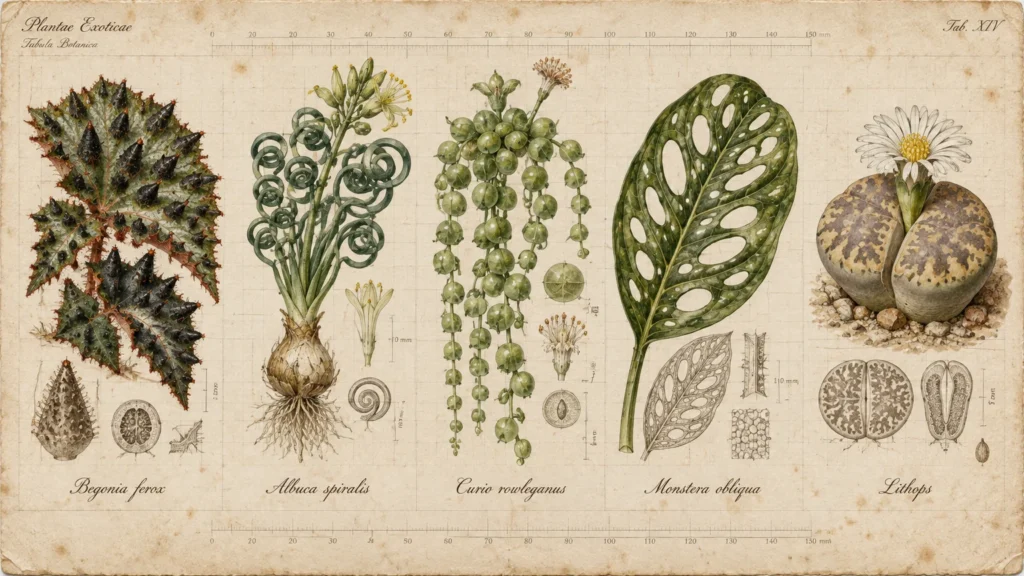 Vintage botanical illustration of five exotic plants with unusual foliage, including Begonia ferox and Monstera obliqua.