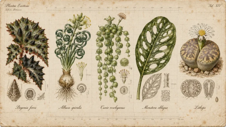 Vintage botanical illustration of five exotic plants with unusual foliage, including Begonia ferox and Monstera obliqua.