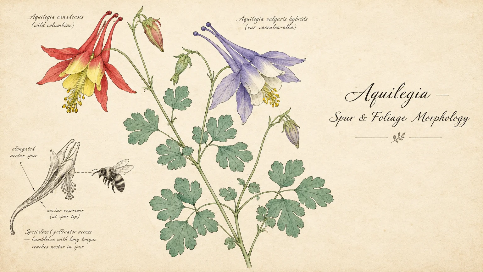 Botanical illustration of red-yellow and purple columbine flowers, lobed leaves, and a diagram showing a bee drinking nectar.