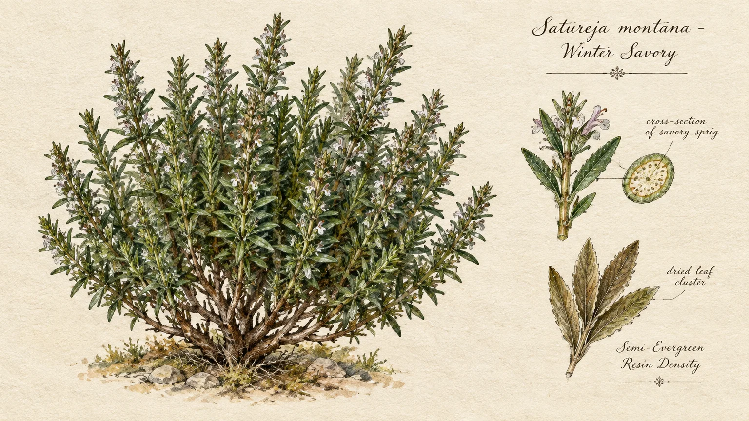 Botanical illustration of a winter savory bush with anatomical cross-section and dried leaf details.