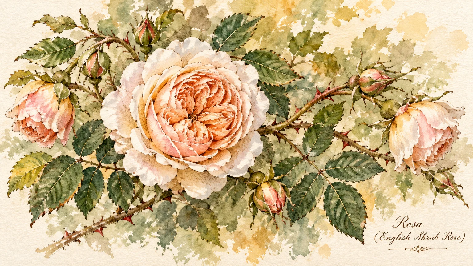 Watercolor painting of pale pink English shrub roses in full bloom with thorny branches, buds, and green leaves.