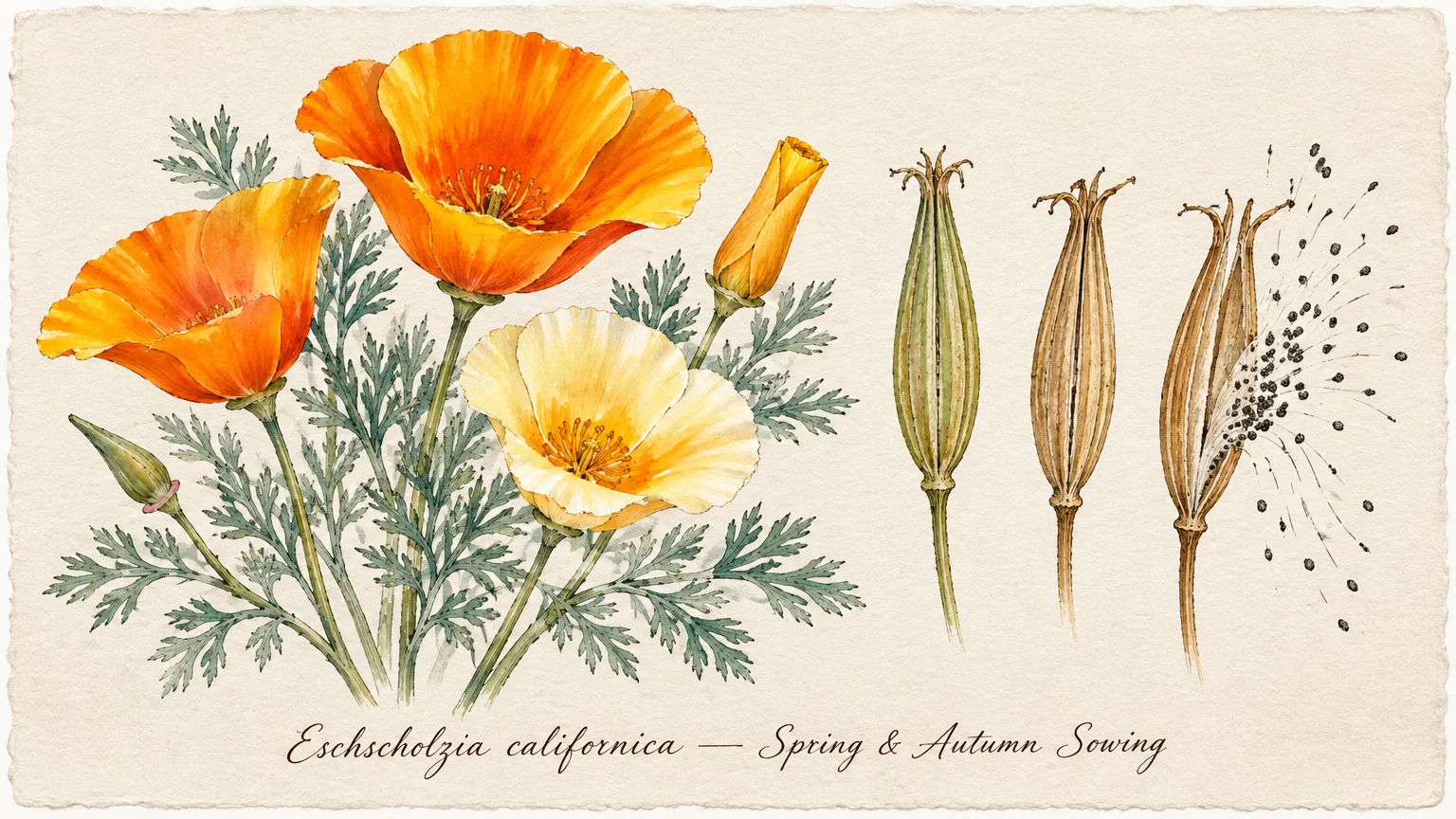 Botanical illustration of California poppies, foliage, and seed pods expelling seeds on textured paper.