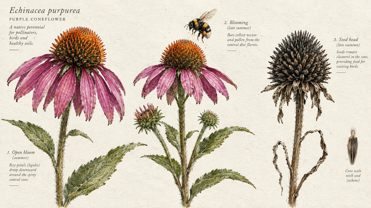 Botanical illustration showing three stages of purple coneflower: open bloom, blooming with a bumblebee, and dried seed head.