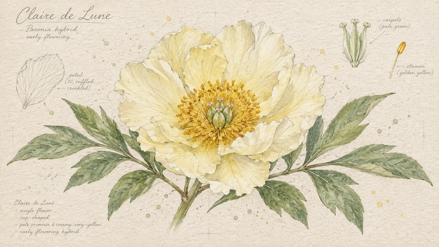 Botanical illustration of a pale primrose yellow Claire de Lune peony bloom with green leaves and botanical diagram callouts.